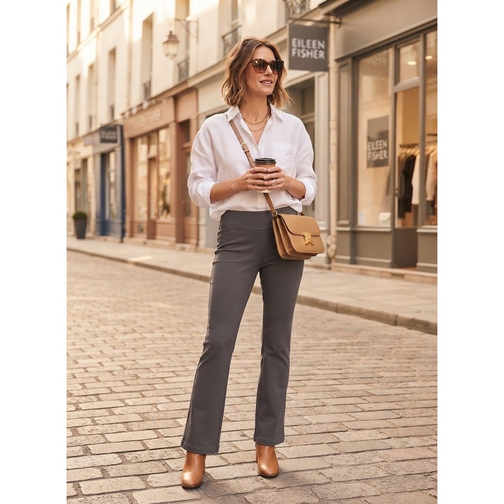 Eileen Fisher Slim Boot-Cut Pants with Yoke Ash Gray Viscose Blend S3TK-P0732M S